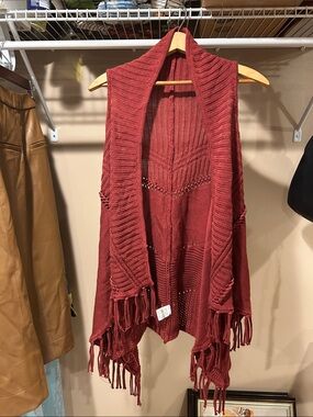 Fontana Rust Red Open-Front Fringe Knit Sweater Vest
